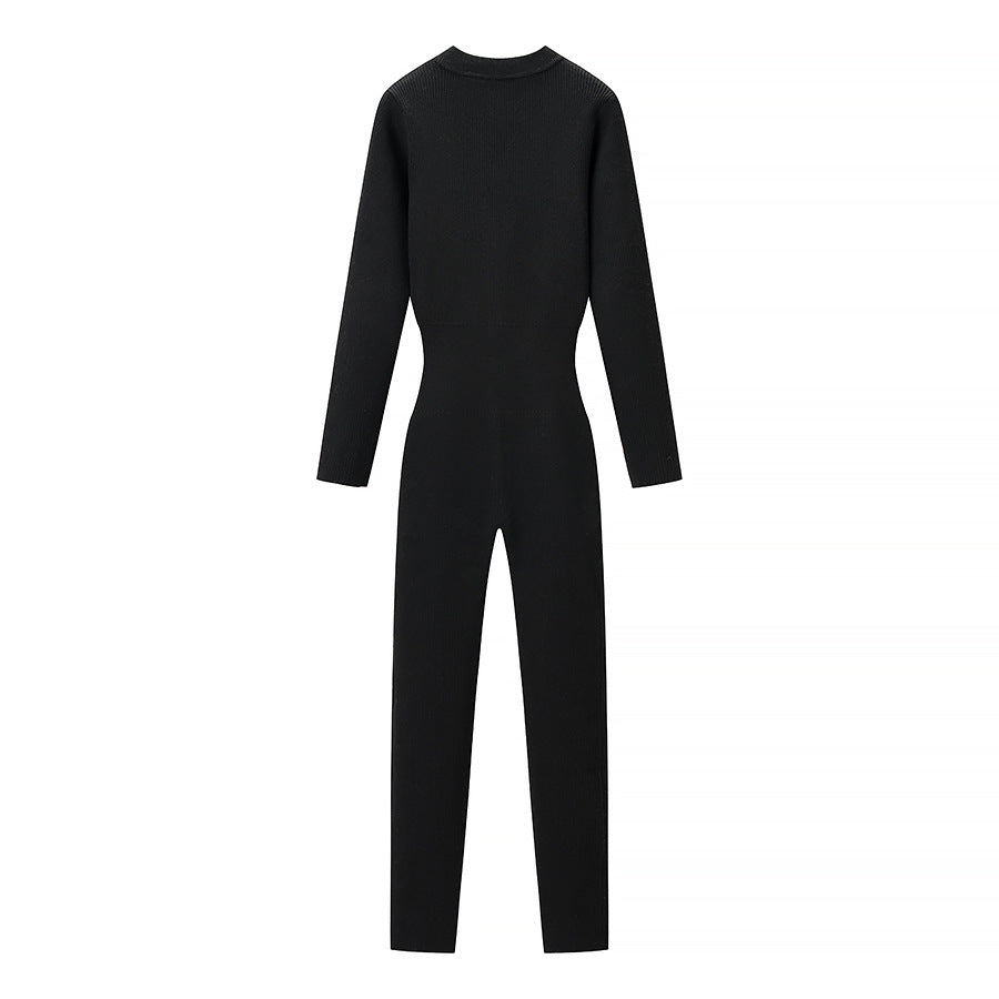 Vera | Knit Jumpsuit Half Zip Black Long Sleeve