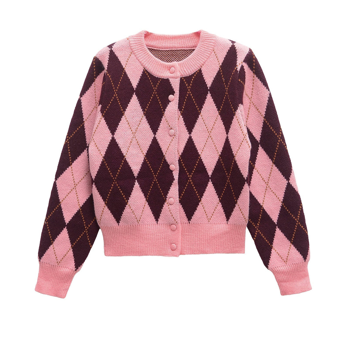 Romy | Argyle Cardigan Pink Burgundy Button Front Cropped