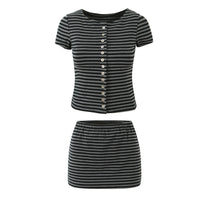 Neve | Striped Two Piece Set Gray Black Button Front Short Sleeve