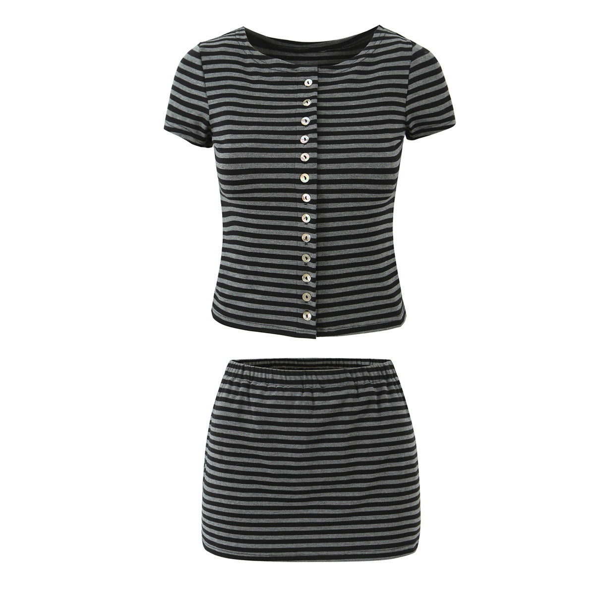 Neve | Striped Two Piece Set Gray Black Button Front Short Sleeve