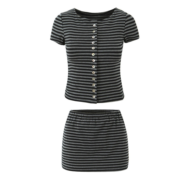 Neve | Striped Two Piece Set Gray Black Button Front Short Sleeve