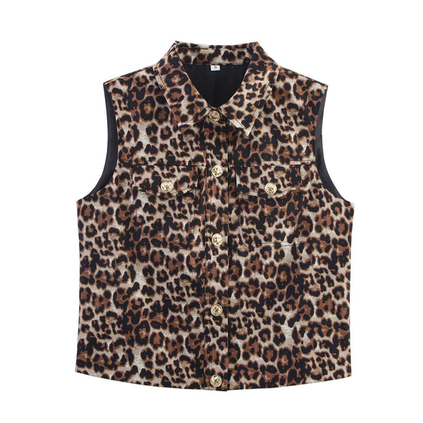 Vera | Leopard Print Button Vest Brown Collared Gold Hardware
