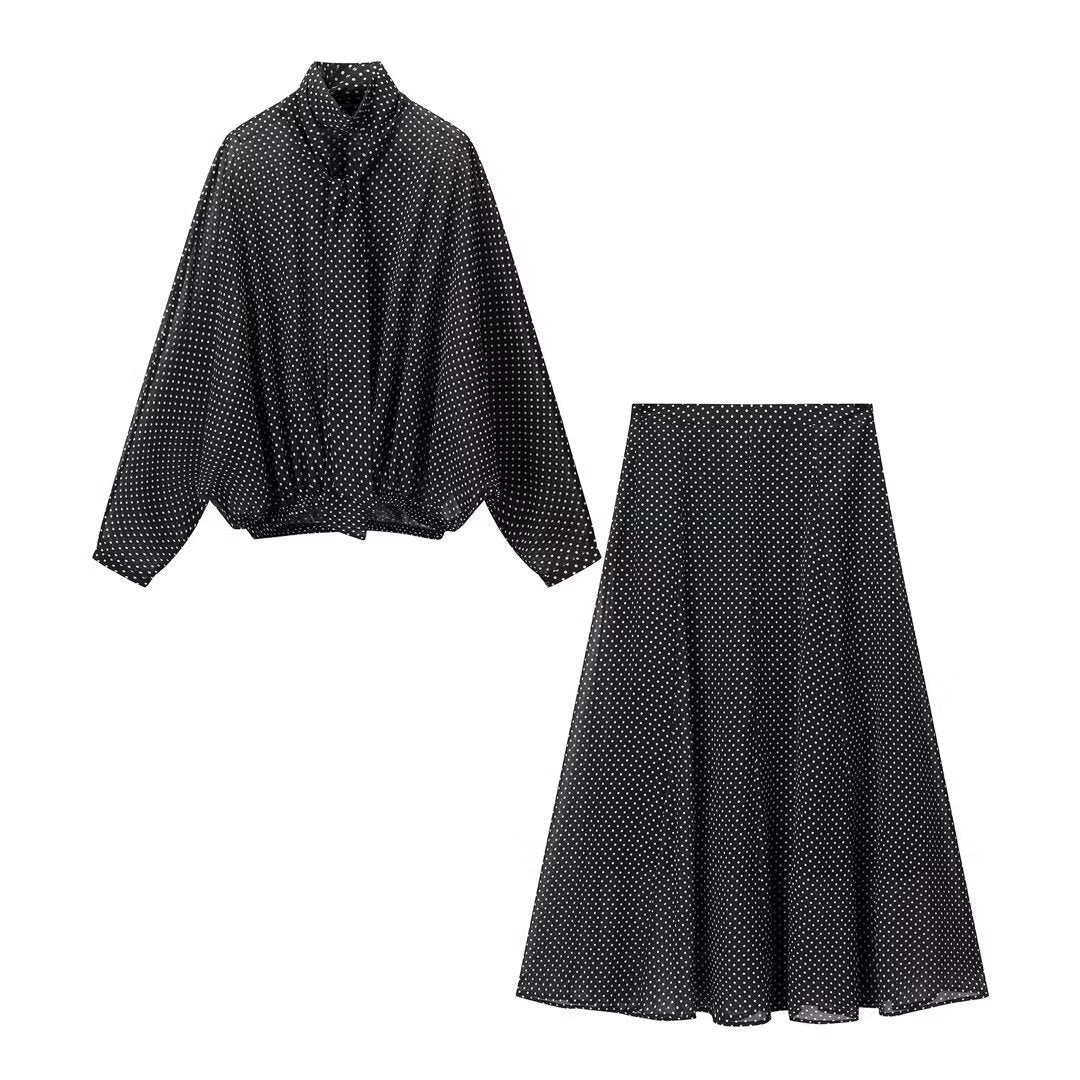 Vera | Polka Dot Skirt Set Black Midi A Line