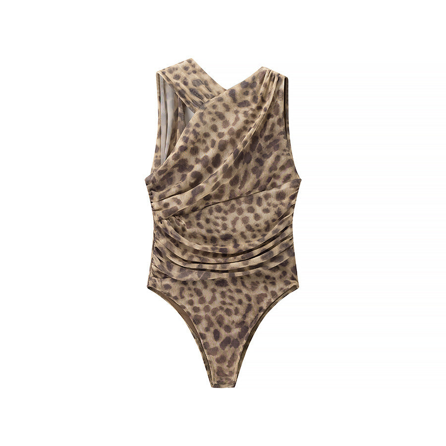 Viola | Ruched Leopard Print Bodysuit Cream Sleeveless