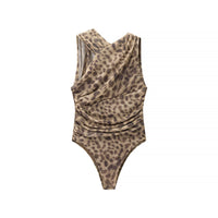 Viola | Ruched Leopard Print Bodysuit Cream Sleeveless