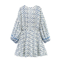 Lux | Boho Puff Sleeve Floral Print Midi Dress Cream Blue