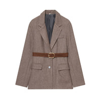 Margot | Belted Tailored Womens Blazer Brown Long Sleeve