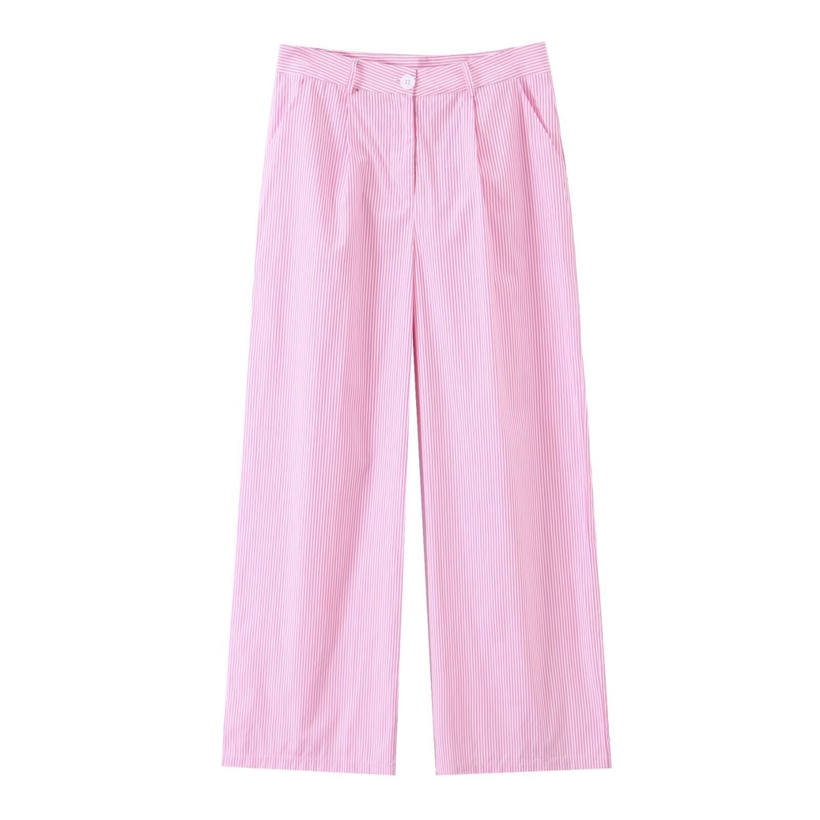 Luisa | Striped Shirt Pant Set Pink Puff Sleeve Wide Leg
