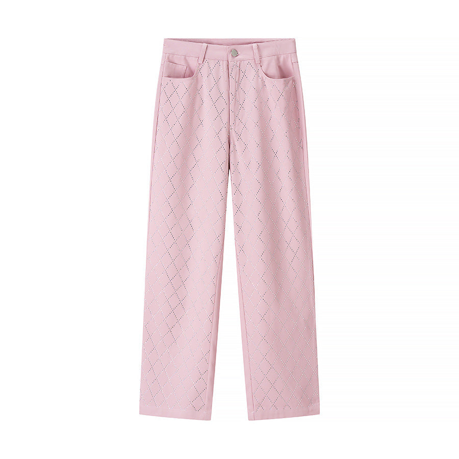 Vera | High Waisted Wide Leg Pants Pink Diamond Stitch