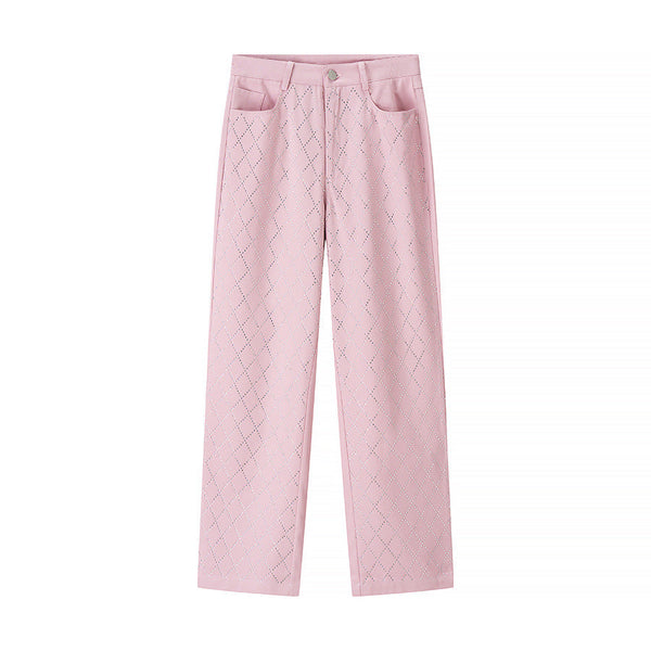 Vera | High Waisted Wide Leg Pants Pink Diamond Stitch