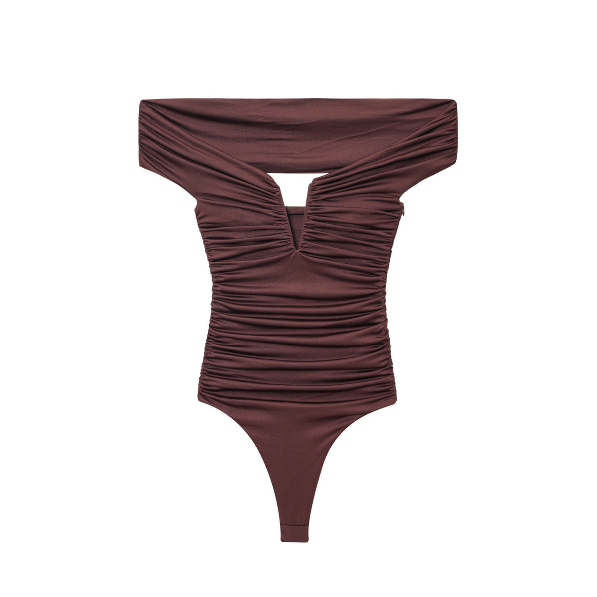 Lola | Ruched Off Shoulder Bodysuit Brown Cutout