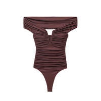 Lola | Ruched Off Shoulder Bodysuit Brown Cutout