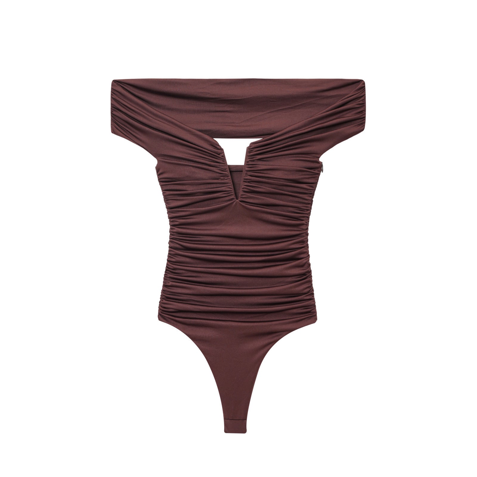 Lola | Ruched Off Shoulder Bodysuit Brown Cutout