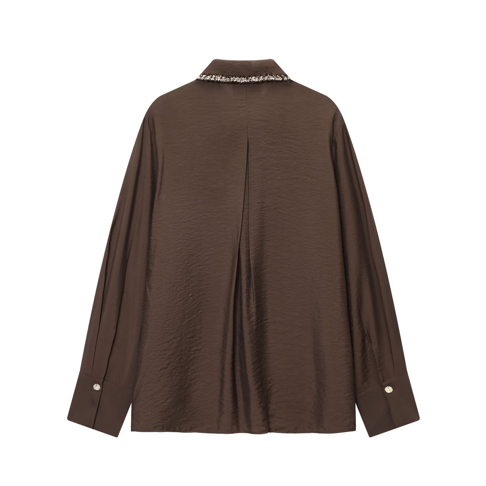 Vera | Utility Shirt Jacket Brown Beaded Collar Long Sleeve