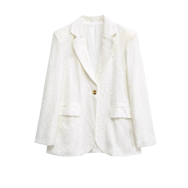 Isla | White Blazer Eyelet Embroidered Single Button