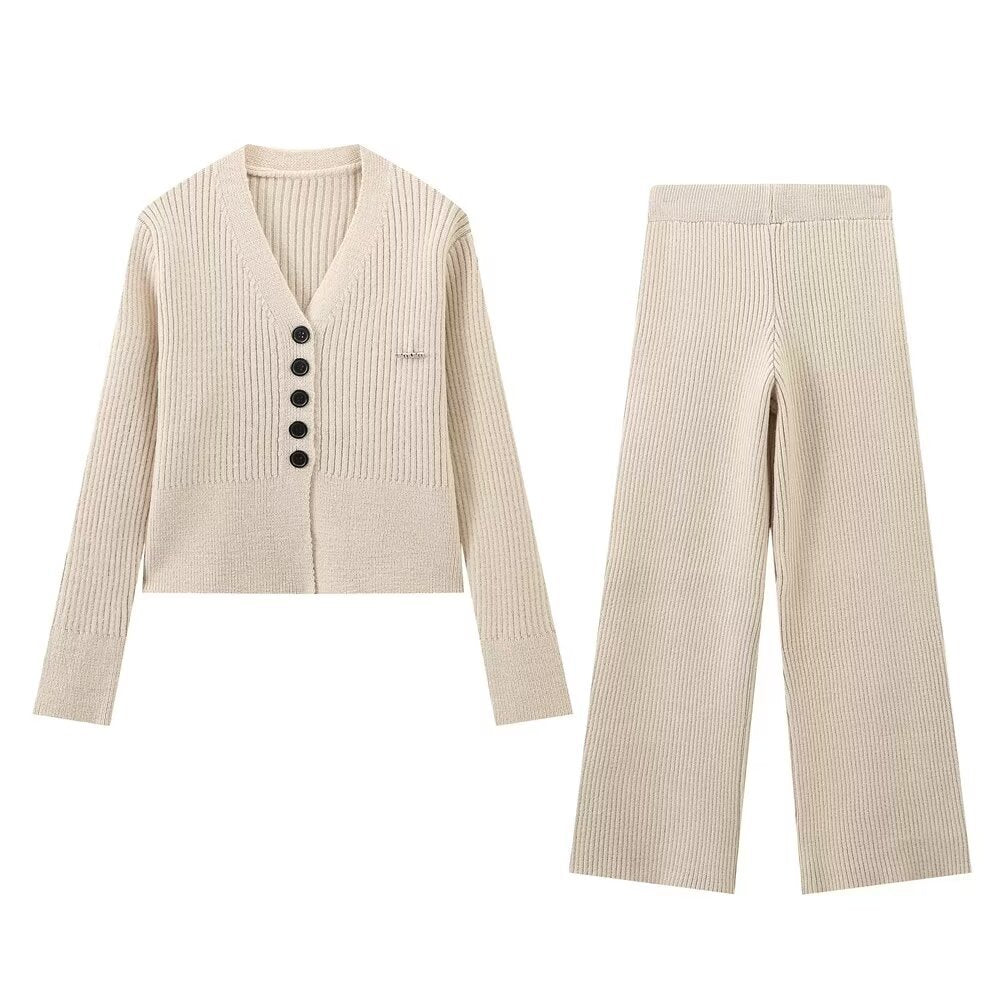 Vera | Knit Set Gray Button Front Wide Leg Pants
