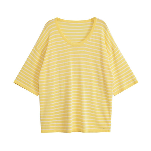 Fley | Striped T Shirt Yellow Cream Short Sleeve Crew Neck