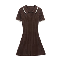 Vera | Preppy Ribbed Knit Dress Brown Polo Collar