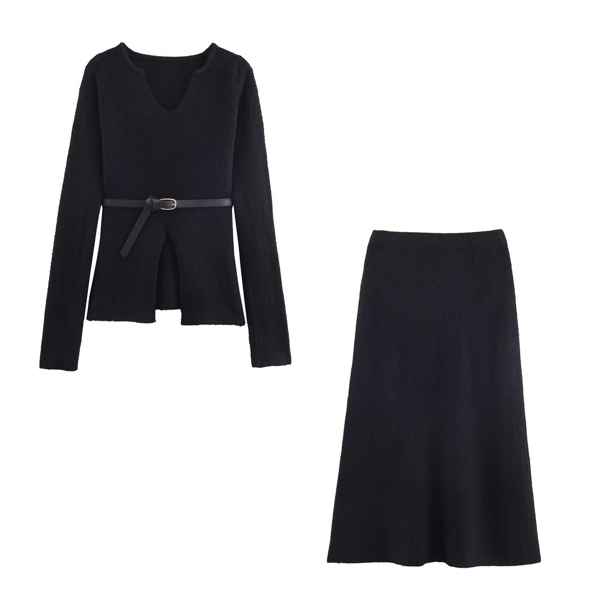 Vera | Knit Set Gray V Neck Belted Sweater A Line Skirt