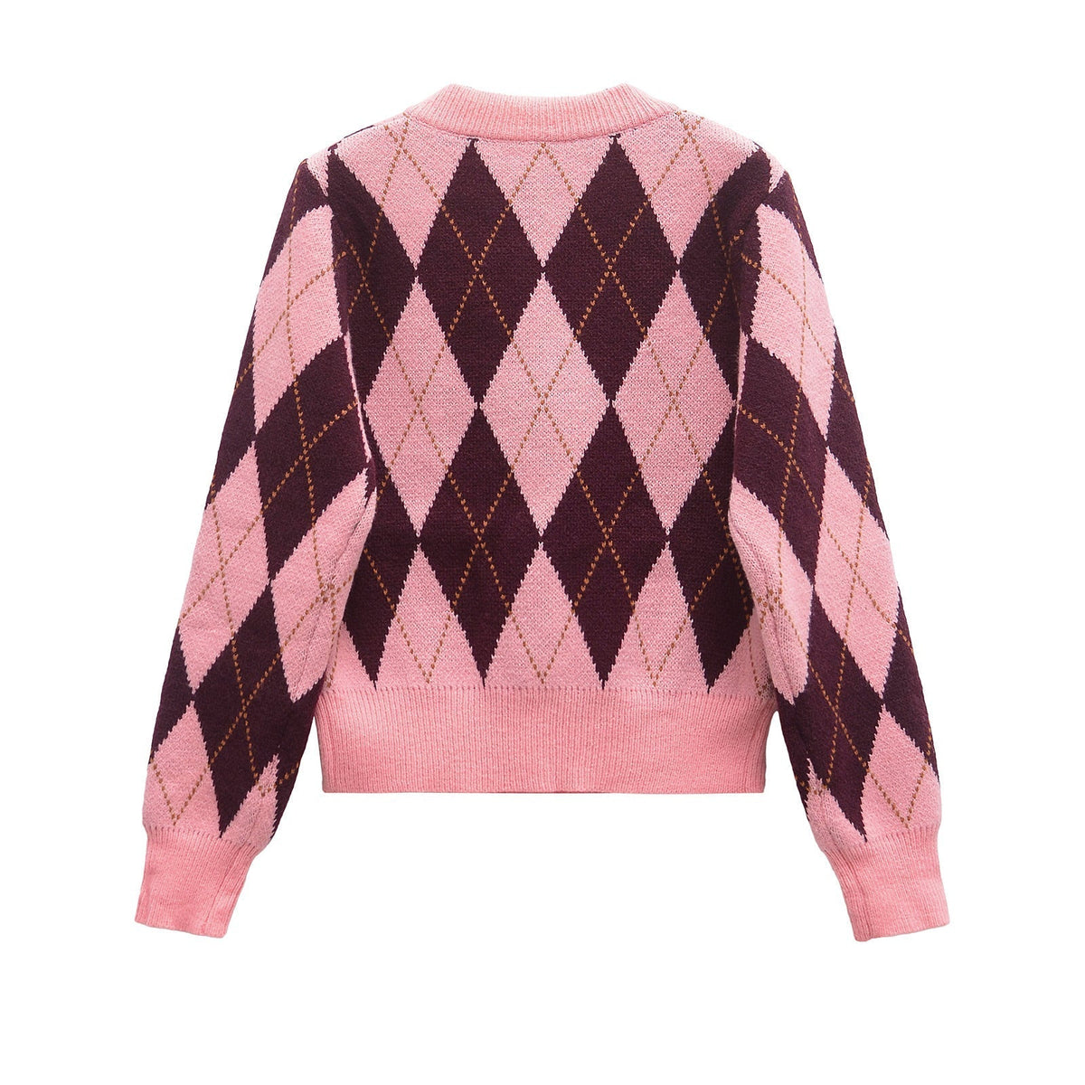 Romy | Argyle Cardigan Pink Burgundy Button Front Cropped