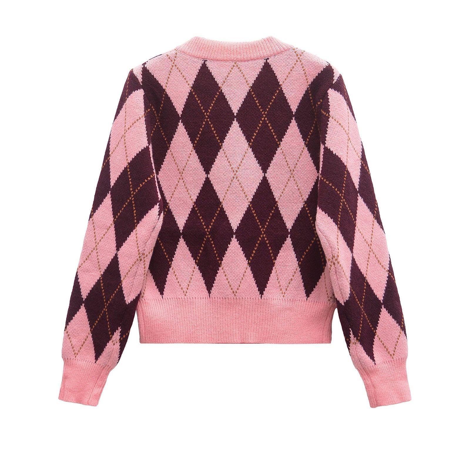 Romy | Argyle Cardigan Pink Burgundy Button Front Cropped