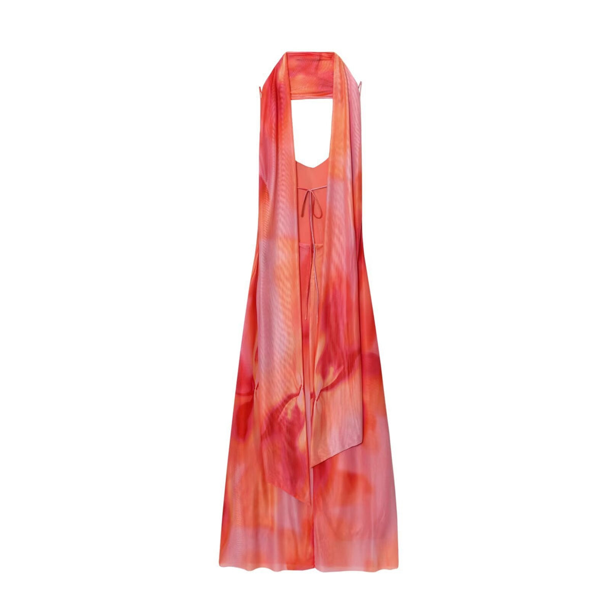 Lux | Halter Maxi Dress Red Orange Tie Dye Sheer