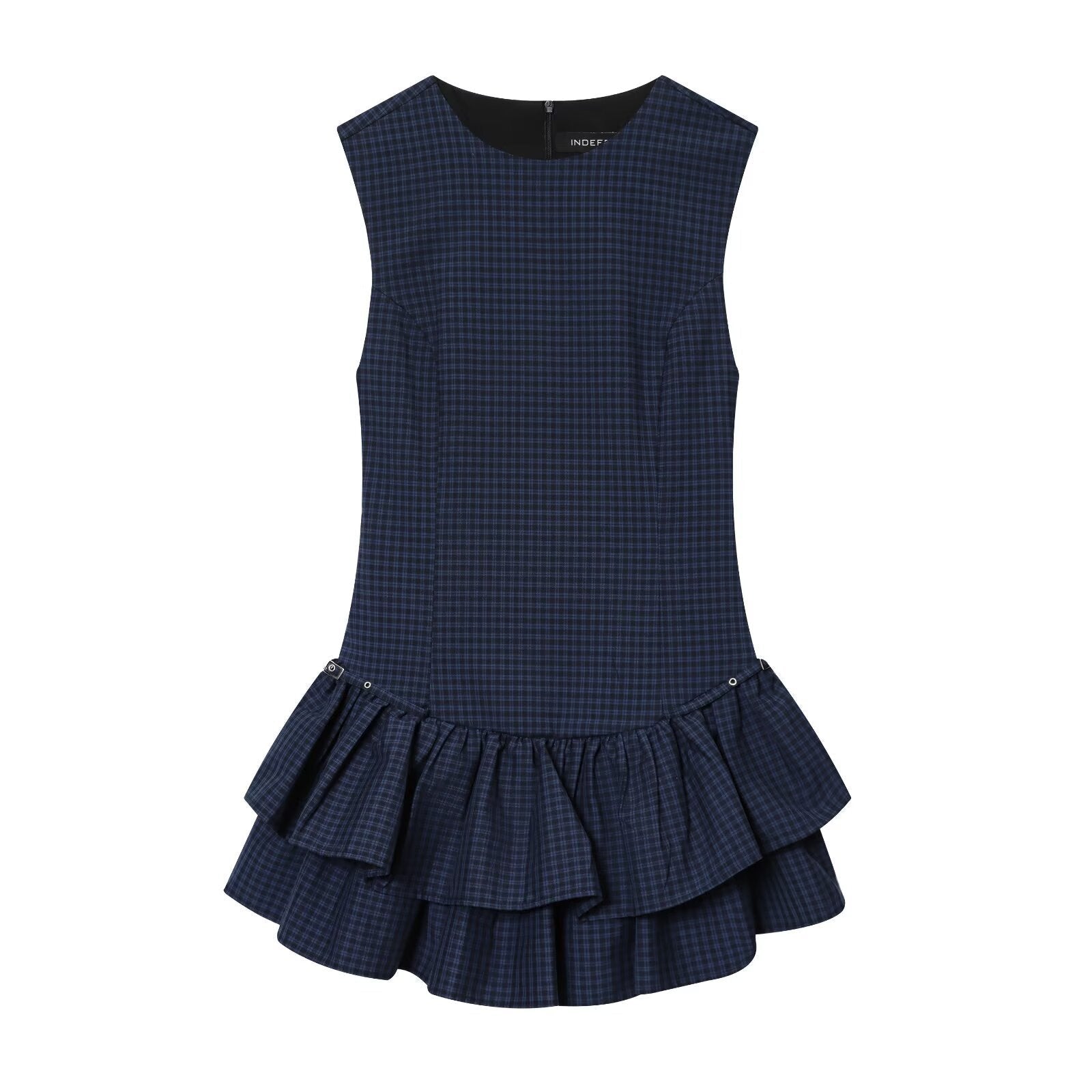 Alma | Preppy Ruffle Hem Mini Dress Navy Blue Plaid