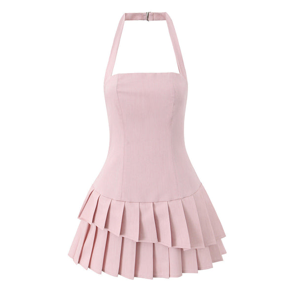 Vera | Halter Pleated Midi Dress Pink