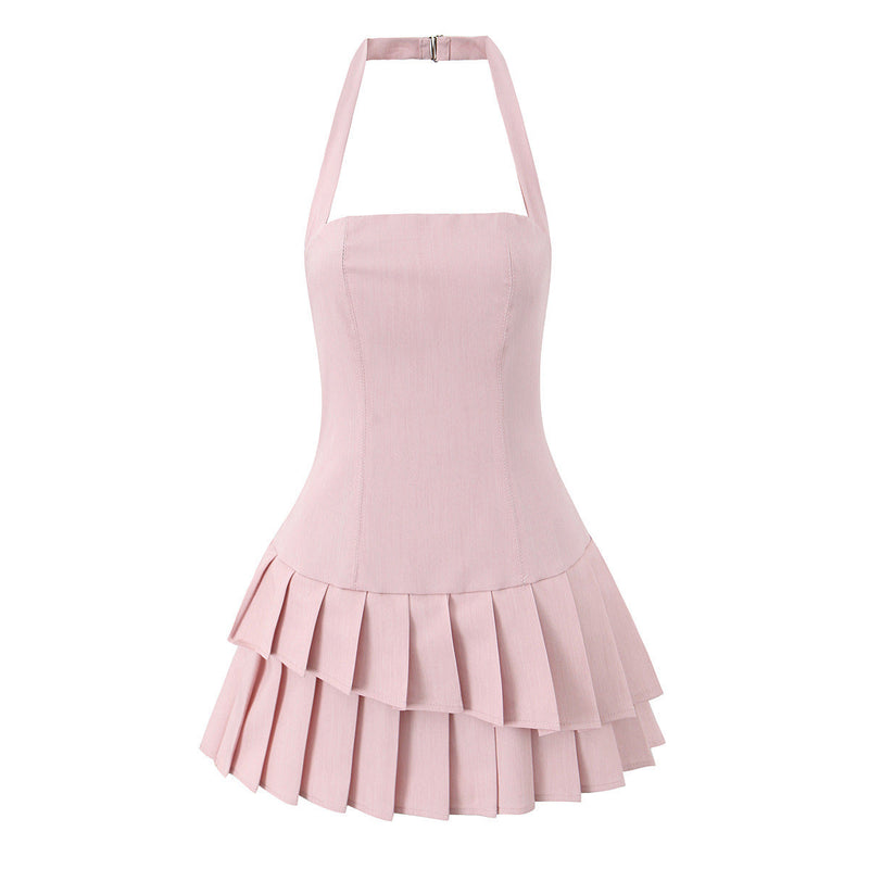 Vera | Halter Pleated Midi Dress Pink