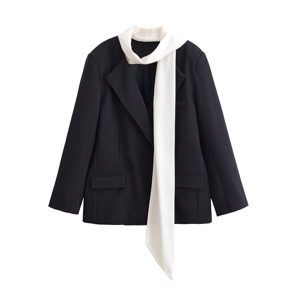 Vera | Oversized Blazer Black Cream Scarf Detail