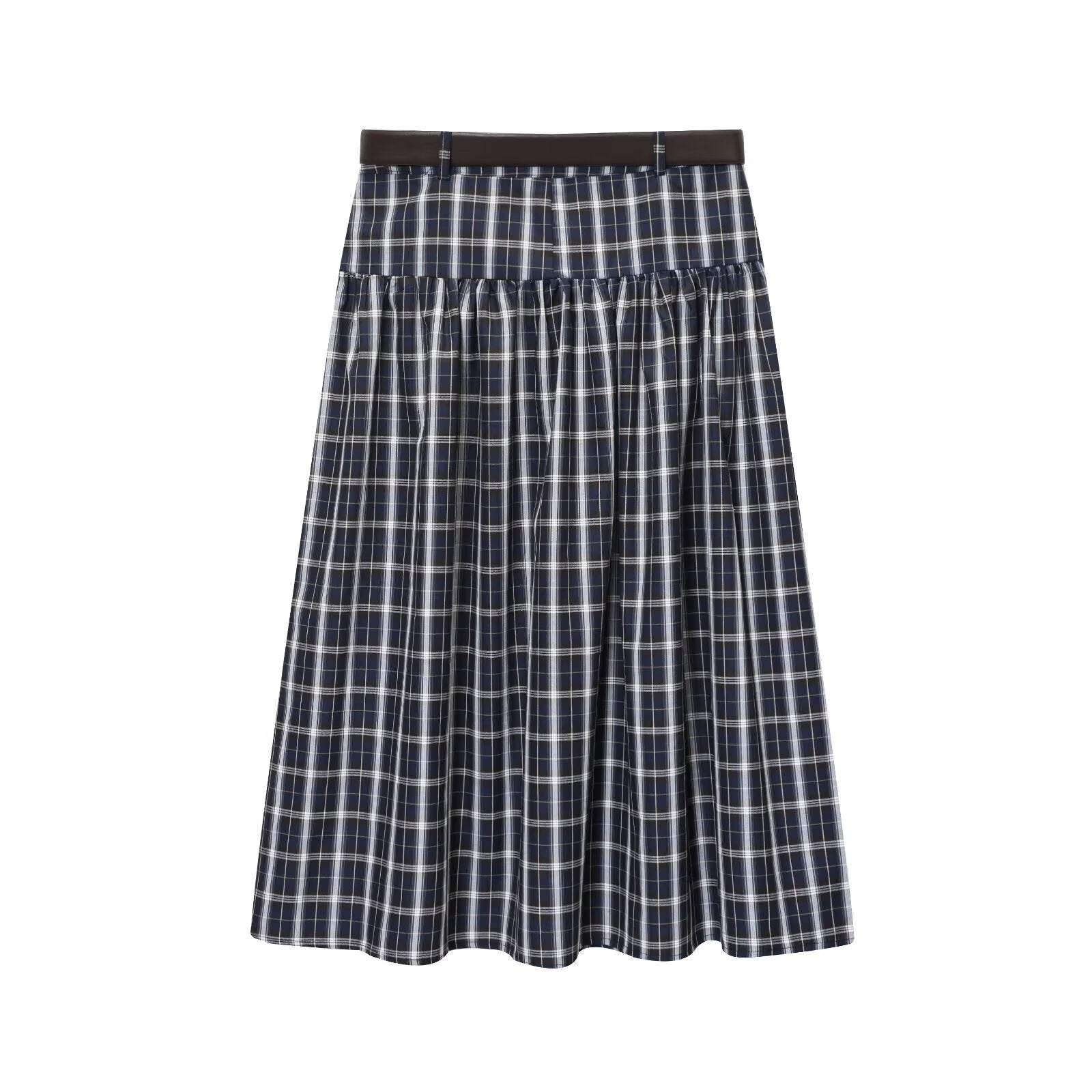 Iris | Plaid Midi Skirt Navy Belted