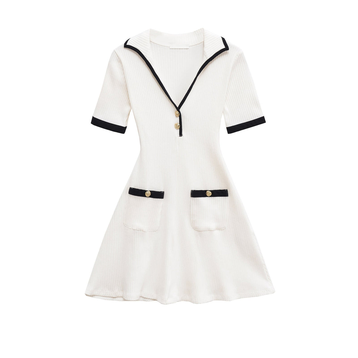 Neve | Preppy A Line Dress Cream Black Trim Short Sleeve