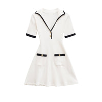 Neve | Preppy A Line Dress Cream Black Trim Short Sleeve