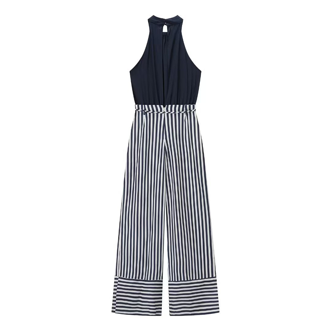Isla | Striped Wide Leg Jumpsuit Navy White Halter Neck