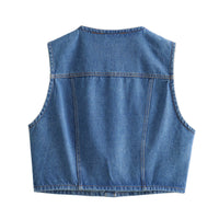 Nola | Cropped Denim Vest Blue Button Front Pockets