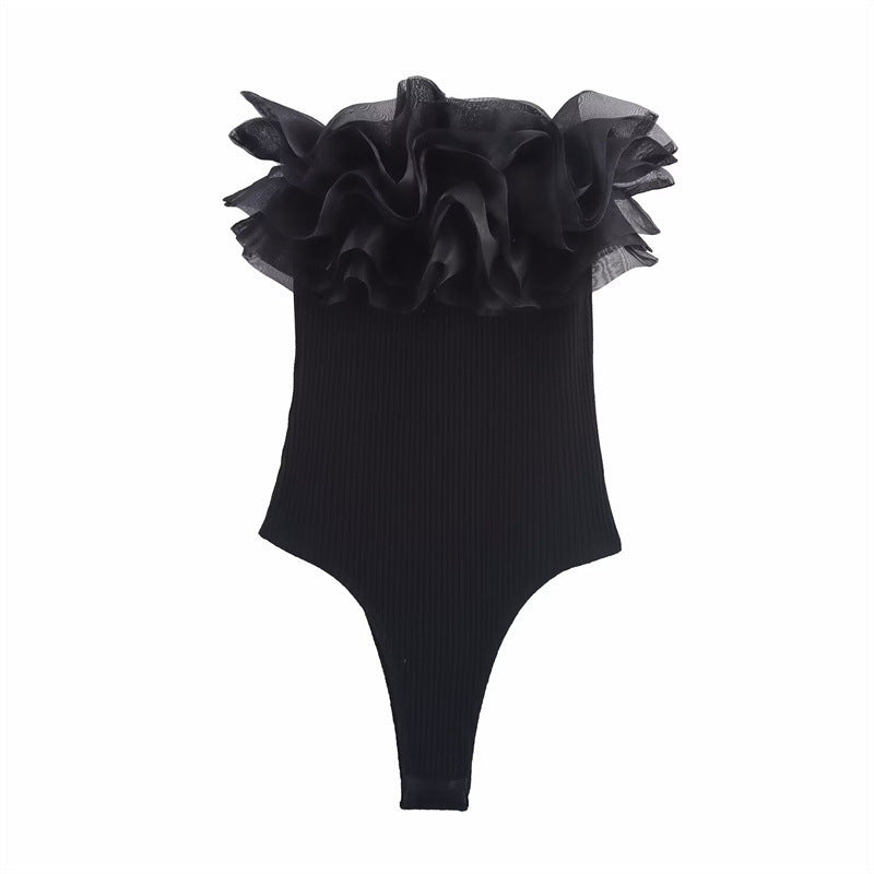 Vera | Ruffle Off Shoulder Bodysuit Black Ribbed Knit