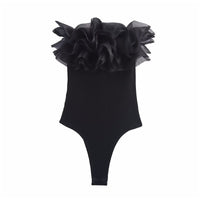 Vera | Ruffle Off Shoulder Bodysuit Black Ribbed Knit