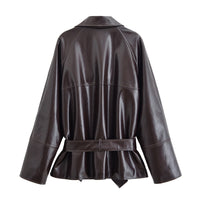 Elodie | Oversized Faux Leather Trench Coat Brown Belted