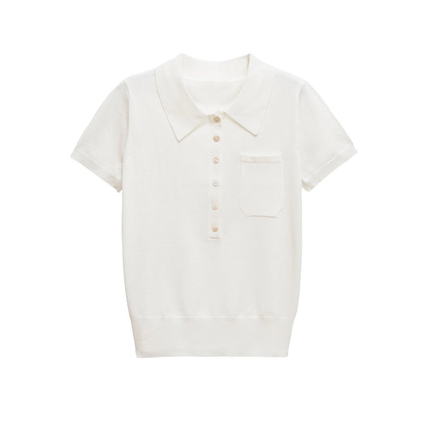 Aria | Knit Polo Shirt Cream Short Sleeve Collared