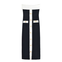 Vera | Strapless Midi Dress Black Cream Button Detail