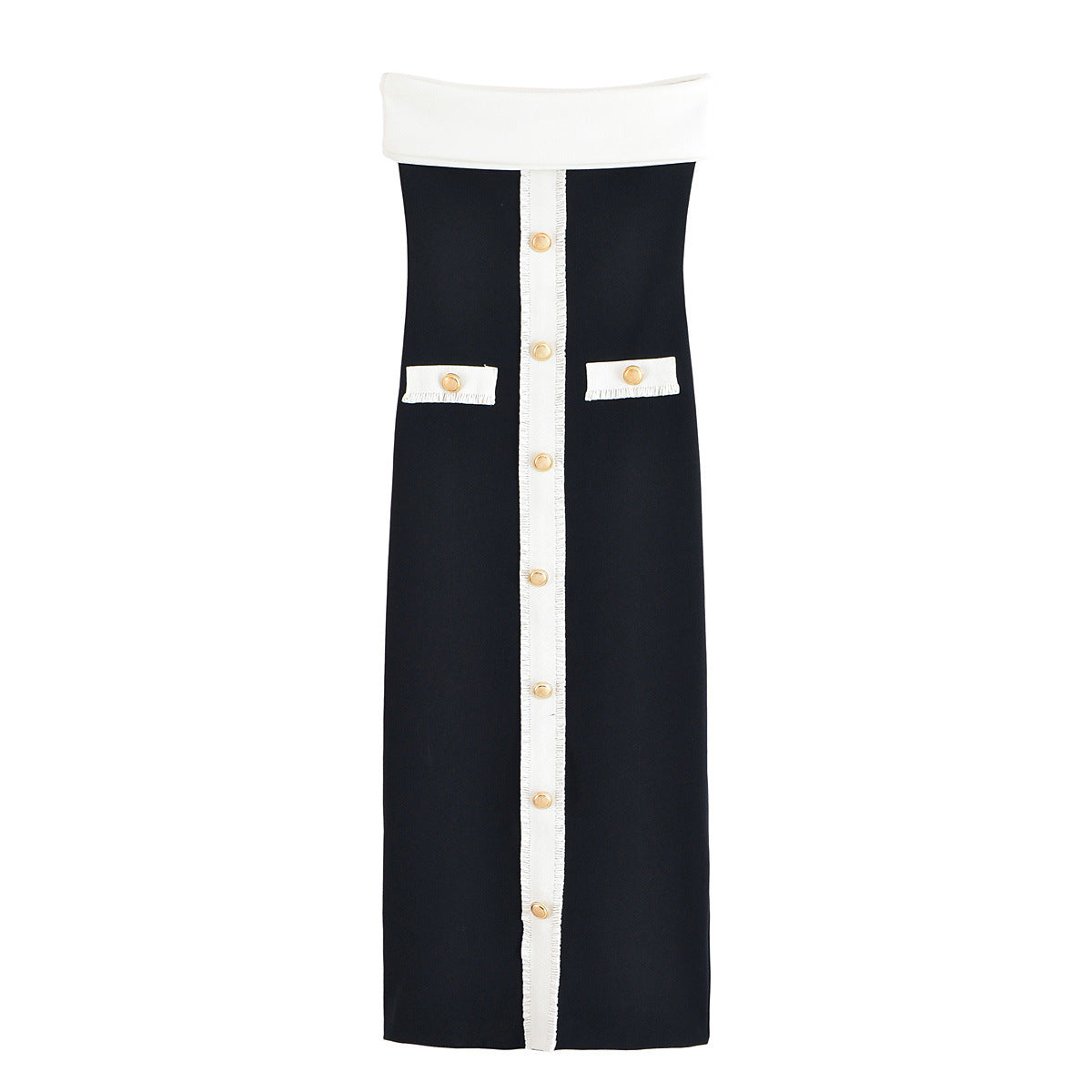 Vera | Strapless Midi Dress Black Cream Button Detail