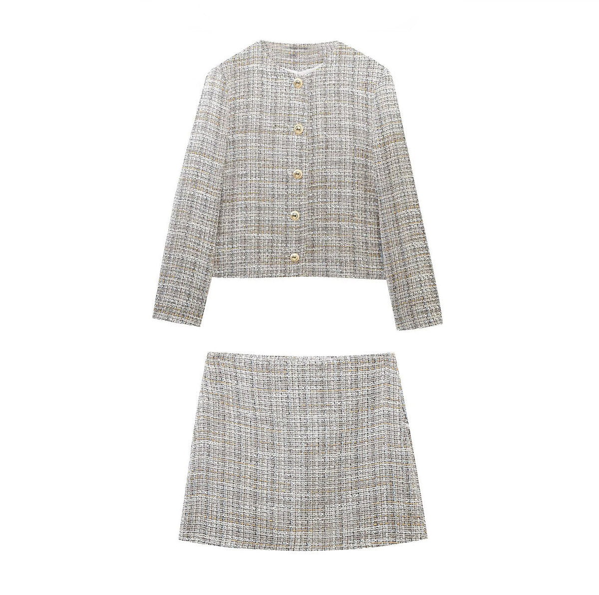 Vera | Tweed Cropped Blazer Skirt Set Cream Button Front