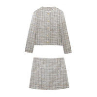 Vera | Tweed Cropped Blazer Skirt Set Cream Button Front