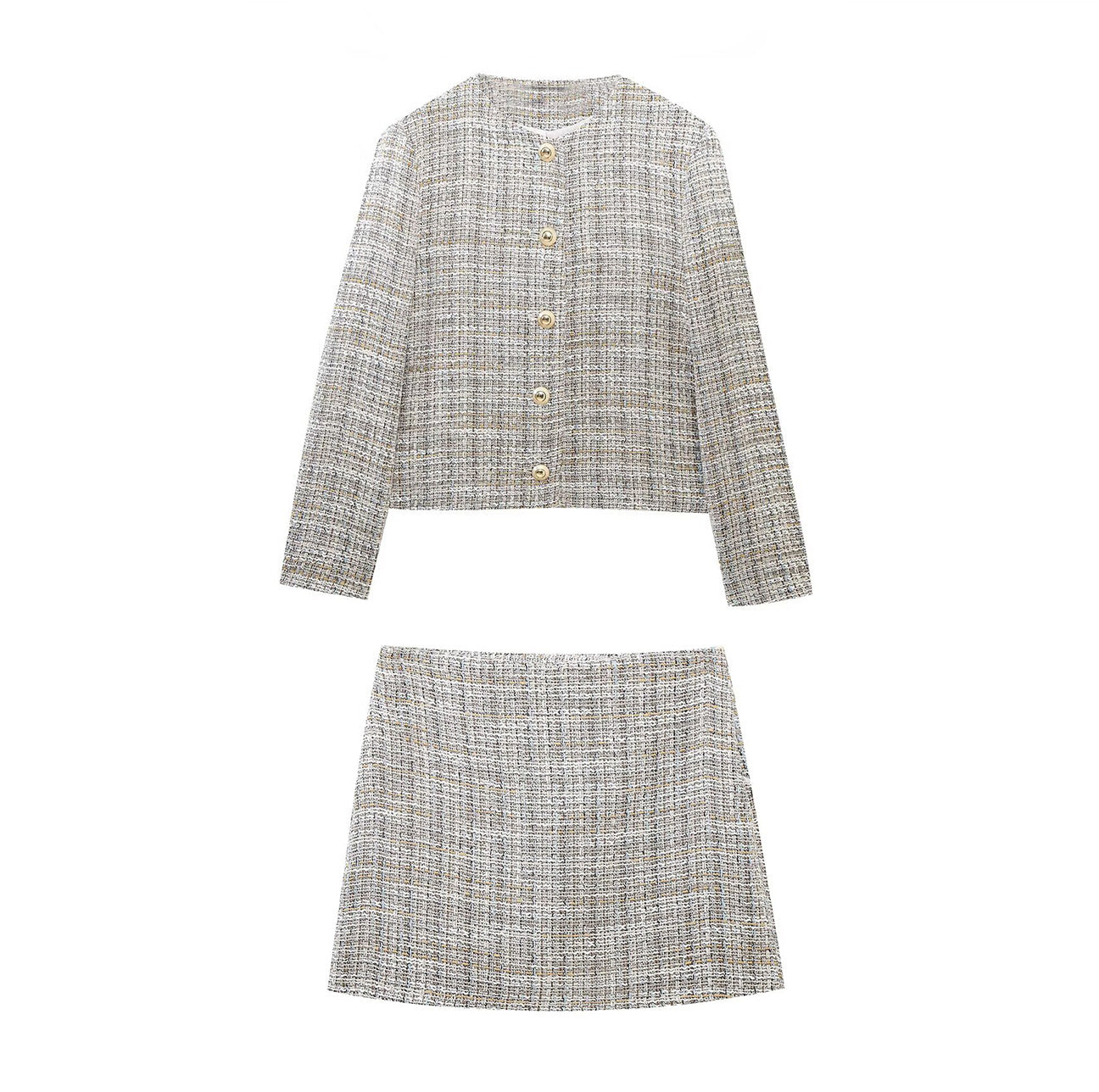 Vera | Tweed Cropped Blazer Skirt Set Cream Button Front