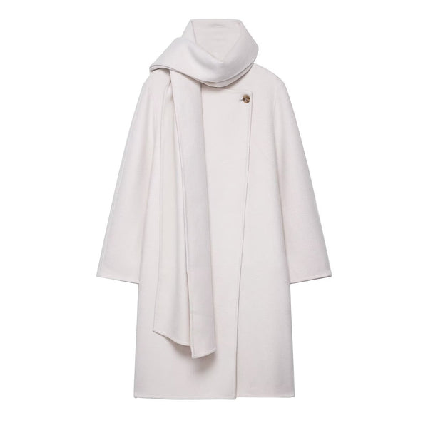 Vera | Wool Long Coat Cream Hooded Scarf Collar