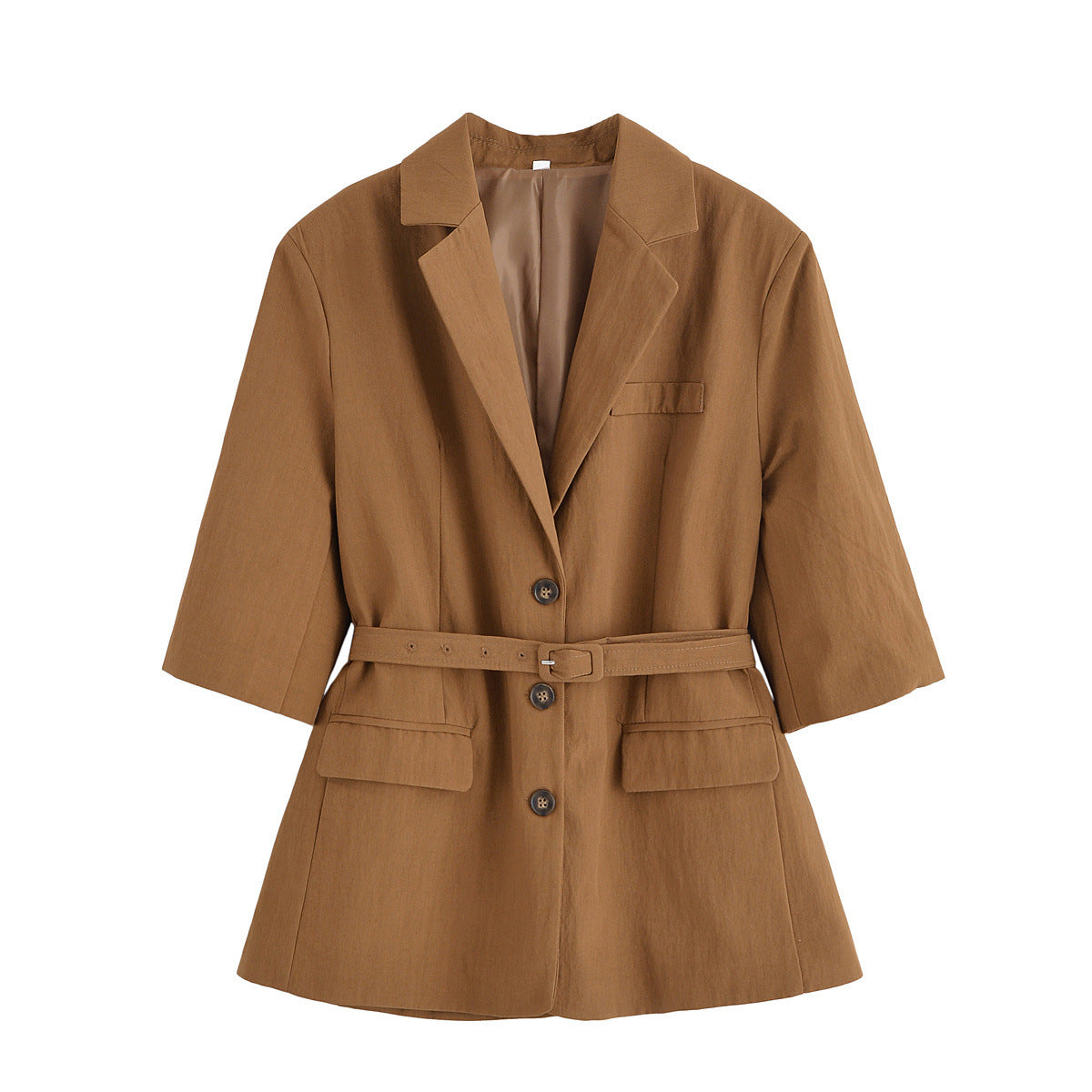 Faye | Belted Camel Blazer Dress Three Quarter Sleeve