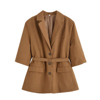 Faye | Belted Camel Blazer Dress Three Quarter Sleeve