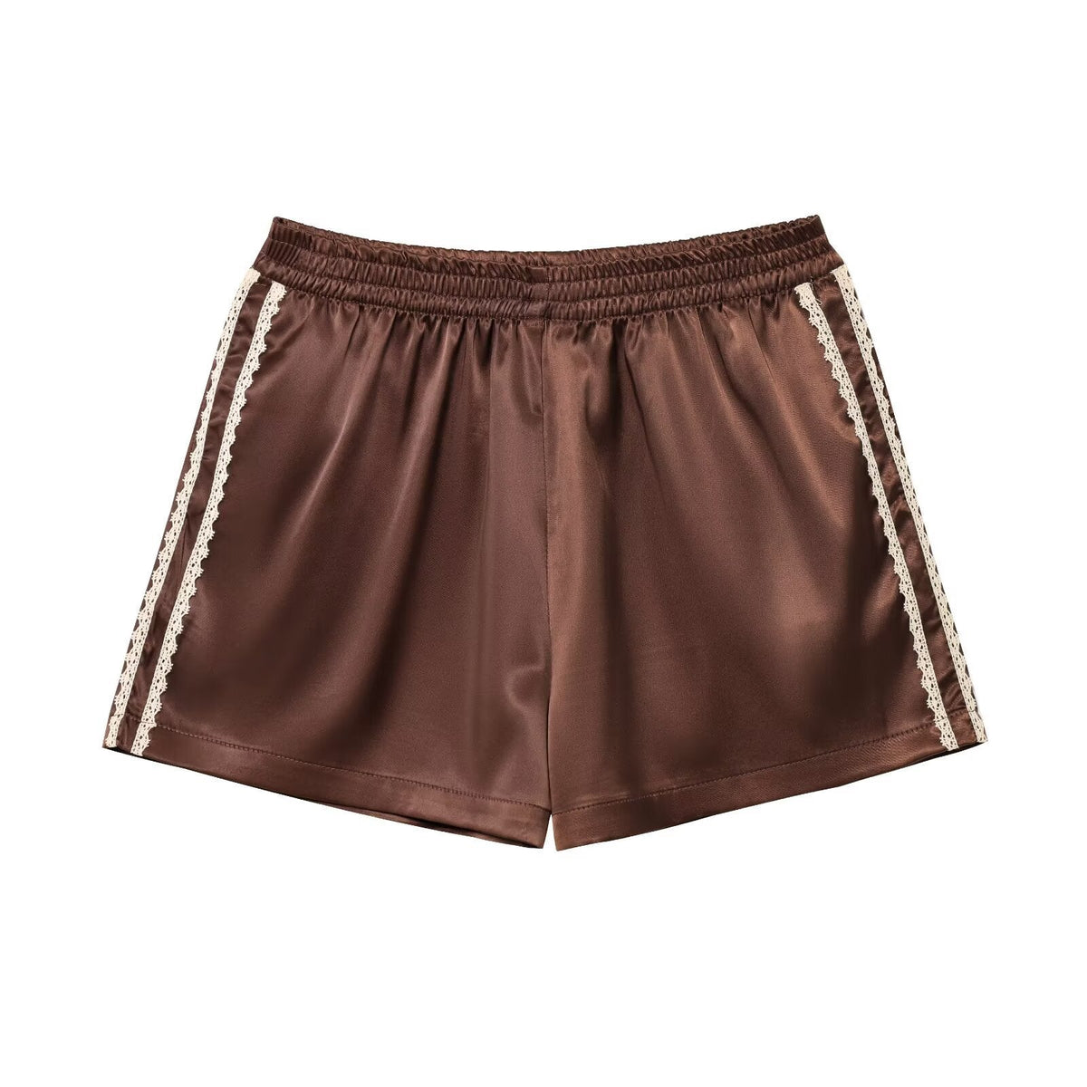 Romy | Satin Shorts Brown Lace Trim Side Stripe