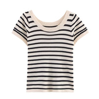 Aria | Striped Crew Neck T Shirt Black White Short Sleeve