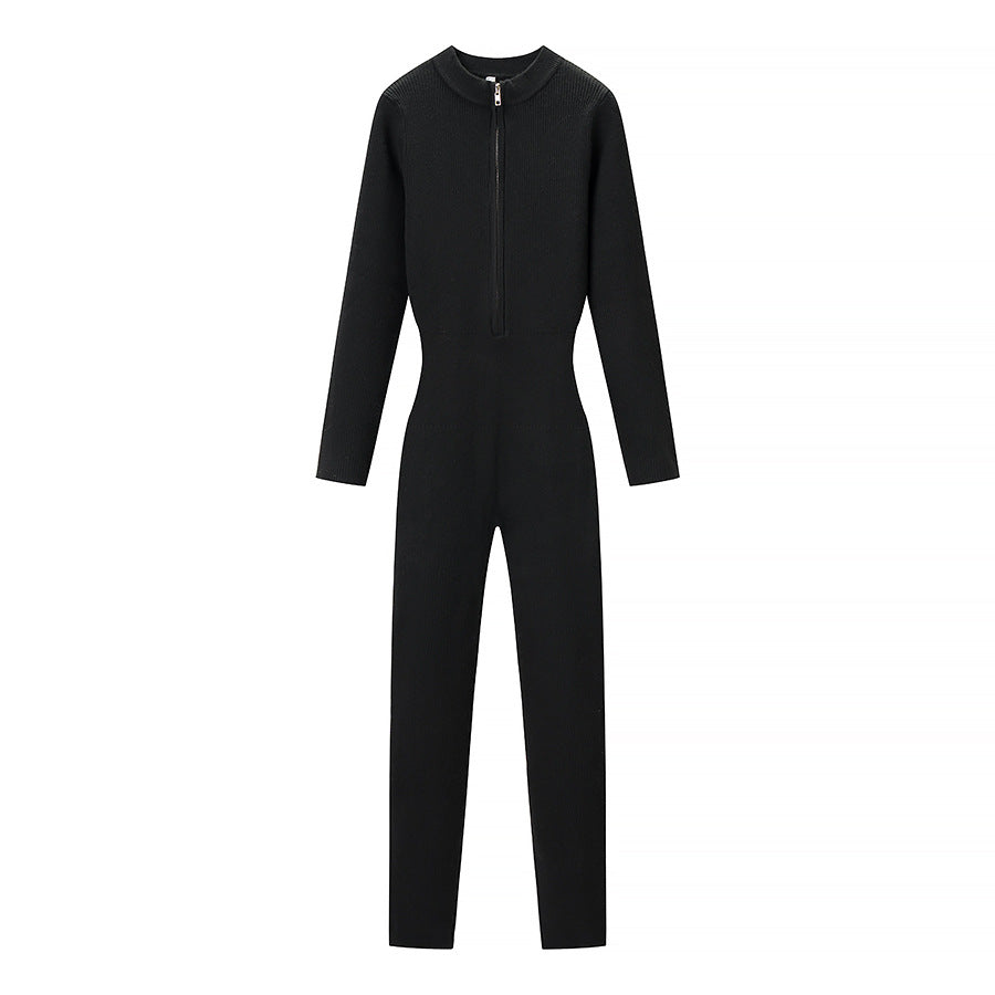 Vera | Knit Jumpsuit Half Zip Black Long Sleeve